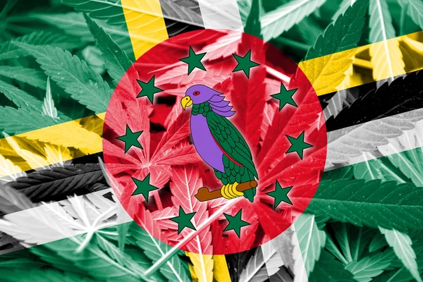 Dominica-Fahne auf Cannabis-Hintergrund. Drogenpolitik. Legalisierung von Marihuana — Stockfoto