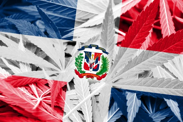 República Dominicana Bandera sobre fondo cannábico. Política de drogas. Legalización de la marihuana —  Fotos de Stock