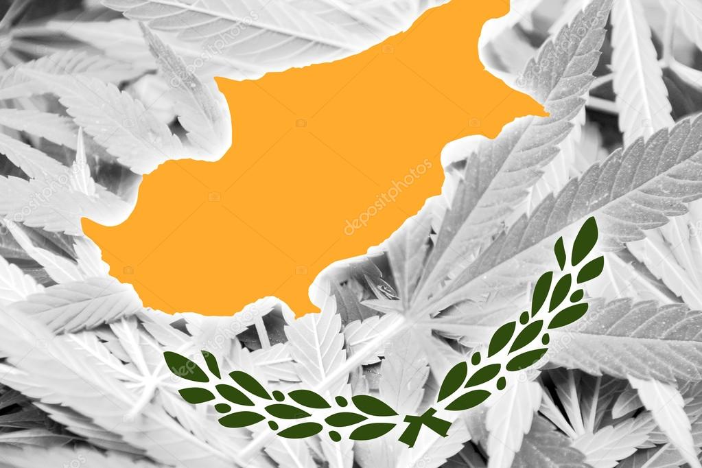 Cyprus Flag on cannabis background. Drug policy. Legalization of marijuana