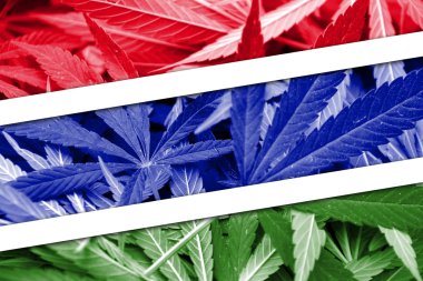 Gambiya bayrak esrar arka plan üzerinde. Uyuşturucu politikası. Marihuana yasallaştırma