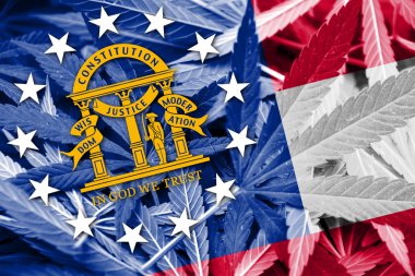 Gürcistan Devlet bayrağı esrar arka plan üzerinde. Uyuşturucu politikası. Marihuana yasallaştırma