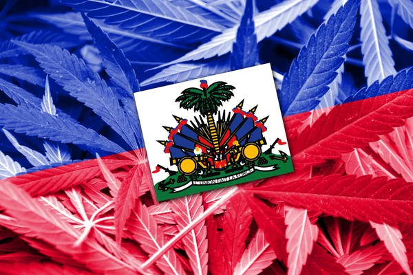 Haiti Flag on cannabis background. Drug policy. Legalization of marijuana — Stock Photo, Image