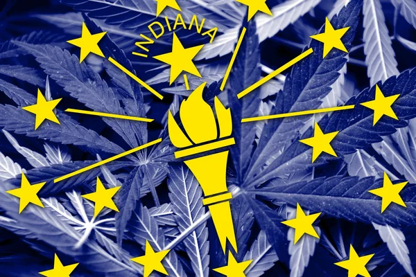 Indiana-Flagge auf Cannabis-Hintergrund. Drogenpolitik. Legalisierung von Marihuana — Stockfoto