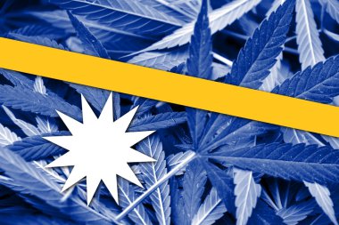 Nauru bayrak esrar arka plan üzerinde. Uyuşturucu politikası. Marihuana yasallaştırma