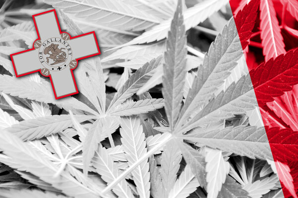 Malta Flag on cannabis background. Drug policy. Legalization of marijuana