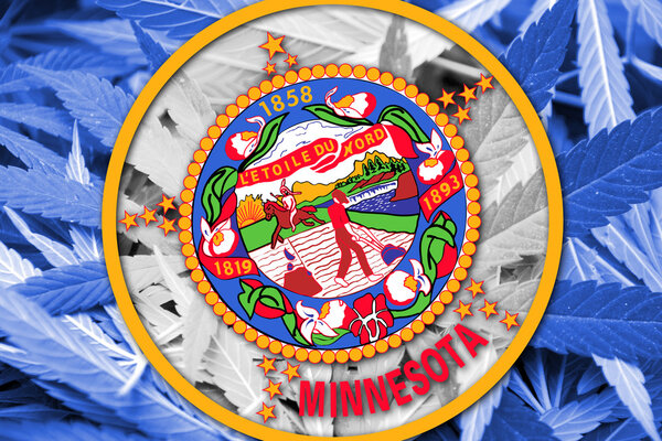 Minnesota State Flag on cannabis background. Drug policy. Legalization of marijuana
