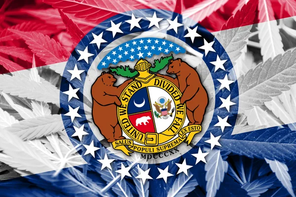 Bandeira do Estado do Missouri sobre fundo de cannabis. Política de drogas. Legalização da maconha — Fotografia de Stock