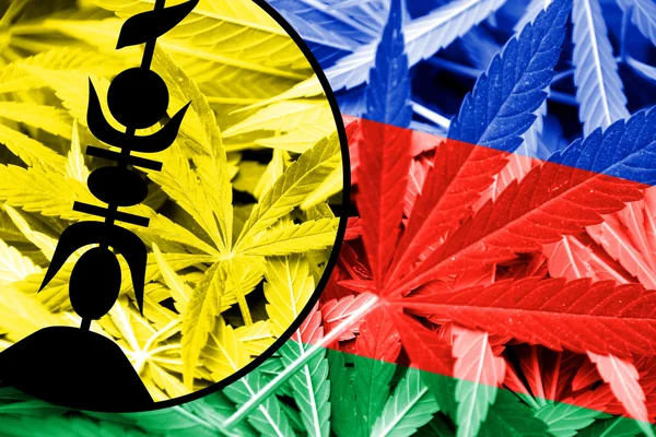 Neue Caledonia-Flagge auf Cannabis-Hintergrund. Drogenpolitik. Legalisierung von Marihuana — Stockfoto