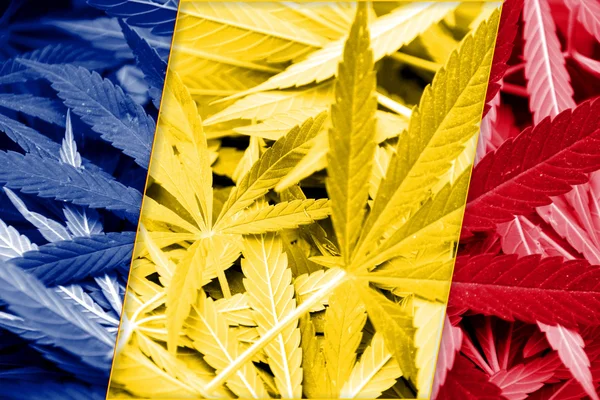 Romania Flag on cannabis background. Drug policy. Legalization of marijuana — Stock Photo, Image