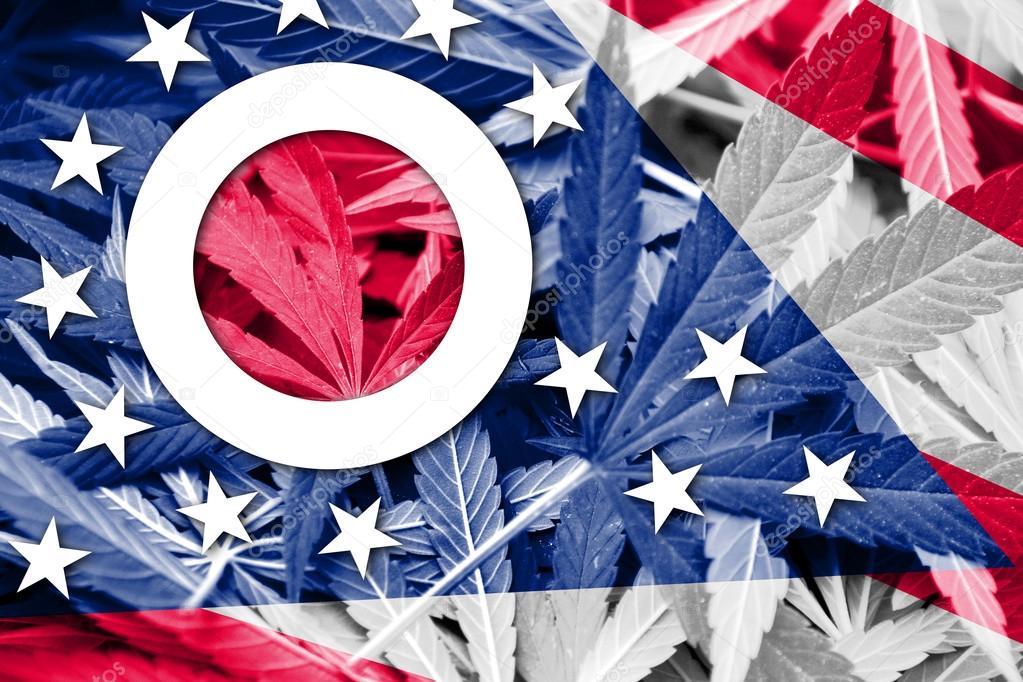 Ohio State Flag on cannabis background. Drug policy. Legalization of marijuana