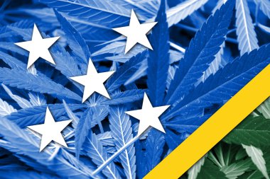 Solomon Adaları bayrağı esrar arka plan üzerinde. Uyuşturucu politikası. Marihuana yasallaştırma