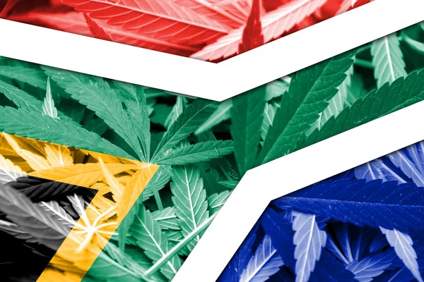 South Africa Flag on cannabis background. Drug policy. Legalization of marijuana — Stock Photo, Image