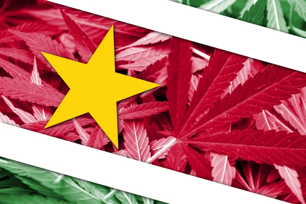 Suriname Flag on cannabis background. Drug policy. Legalization of marijuana — Stock Photo, Image