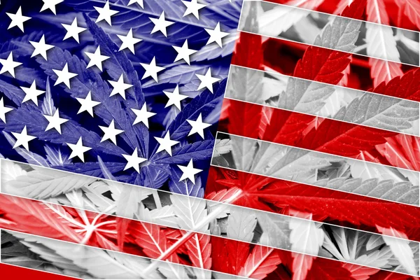 Bandera de Estados Unidos sobre fondo de cannabis. Política de drogas. Legalización de la marihuana — Foto de Stock