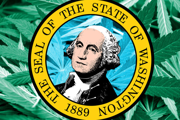 Washington State Flag on cannabis background. Drug policy. Legalization of marijuana