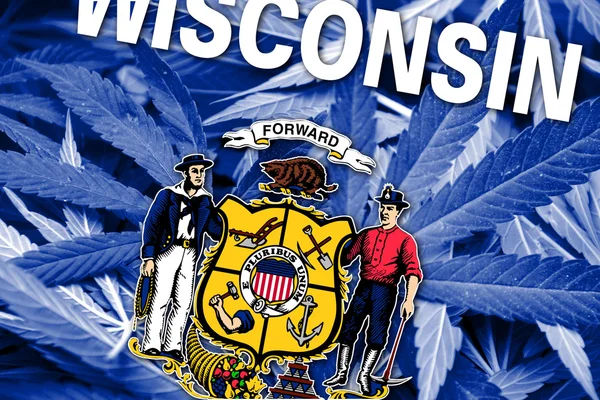 Flaga stanu Wisconsin na tle konopi. Polityki antynarkotykowej. Legalizacja marihuany — Zdjęcie stockowe