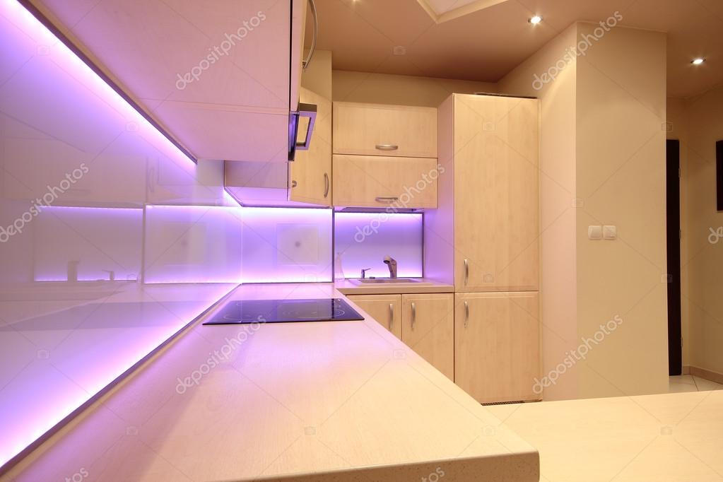 Pink led es világítás modern luxus konyha — stock fotó ...