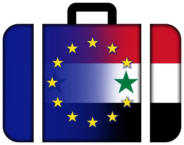 Maleta con bandera de Siria y de la UE — Foto de Stock