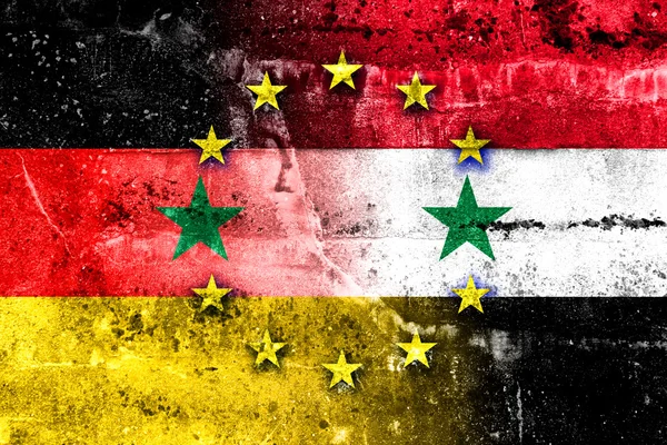 Union européenne, Allemagne et Syrie Drapeau peint sur un mur de grunge — Photo