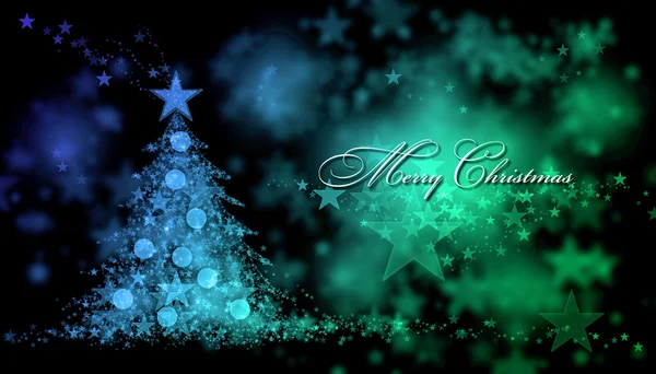 Boldog karácsonyt. Egy karácsonyfa, és a Merry Christmas szöveg kék és zöld háttér — Stock Fotó