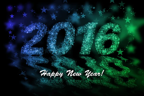 Happy New Year 2016. Blue and green stars background with bokeh effect