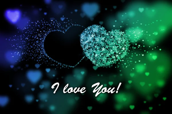 Jag älskar dig. Blå och gröna hjärtan bakgrund med bokeh effekt — Stockfoto