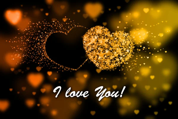 Seni seviyorum. Turuncu ve sarı renkli kalpler arka plan bokeh etkisi ile — Stok fotoğraf