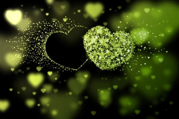 Two hearts and place for your text. Green background with bokeh effect — Stock Photo, Image