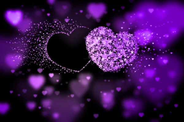 Dos corazones y lugar para tu texto. Fondo púrpura con efecto bokeh — Foto de Stock