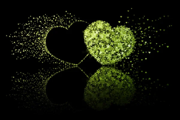 Dwa zielone serca na czarnym tle z efektu odbicia — Zdjęcie stockowe