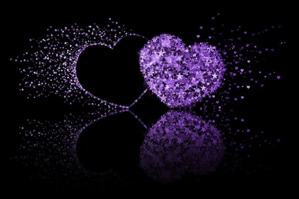 Dwa fioletowy serca na czarnym tle z efektu odbicia — Zdjęcie stockowe