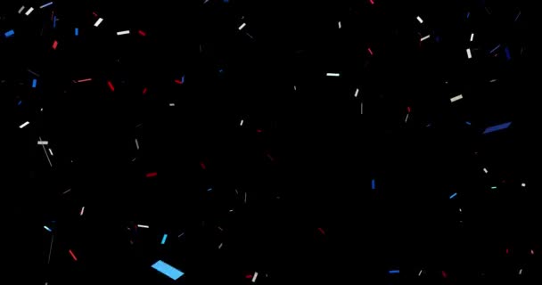 빨간색, 흰색, 파란색으로 된 애니메이션은 투명 한 배경 위에 콘 페티가 떨어진다. 부 메티 폭발이야. 미국의 명절이다. 비디오 애니메이션 울트라 HD 4K — 비디오