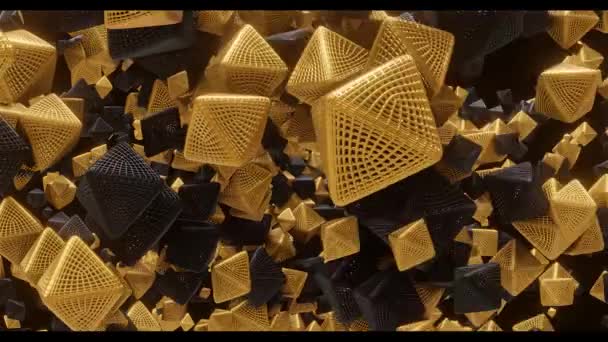 3D animatie van rondvliegende goud en zwarte geometrische vormen, octaëder. Voor logo en titel plaatsing, evenement, concert, presentatie, site. Abstract 4K animatie — Stockvideo