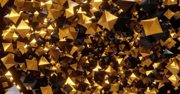 3D animation ιπτάμενων περιστρεφόμενων χρυσών και μαύρων γεωμετρικών σχημάτων, οκτάεδρο. Για τοποθέτηση λογότυπου και τίτλου, εκδήλωση, συναυλία, παρουσίαση, site. Αφηρημένη 4K κίνηση — Αρχείο Βίντεο