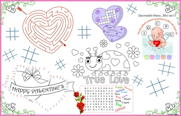 Placemat Valentine Printable Activity Sheet 4 — Stock Vector