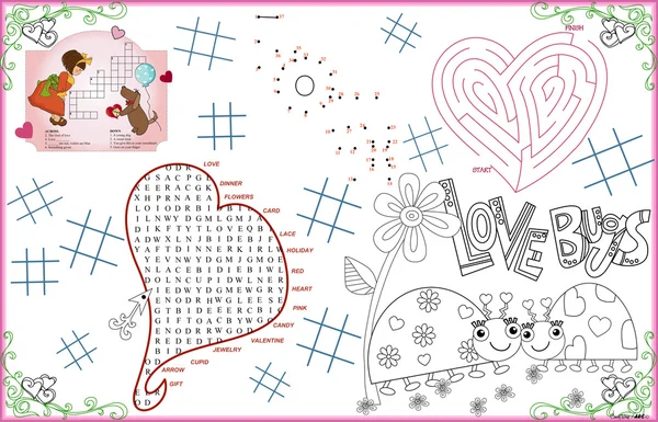 Placemat Valentine Printable Activity Sheet 4 — Stock Vector