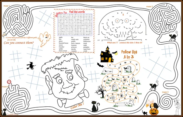 Placemat Halloween Printable Activity Sheet 3 — Stock Vector