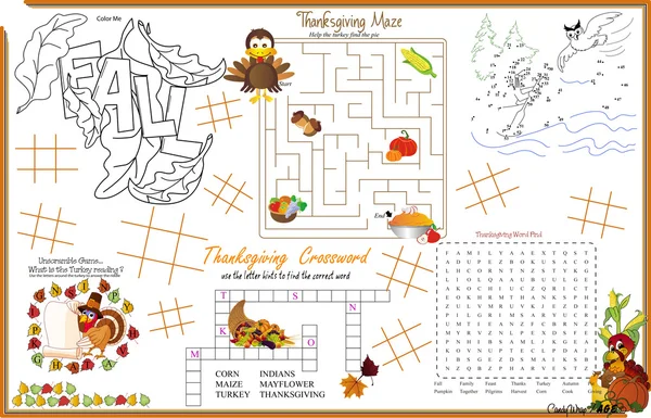 Placemat  Thanksgiving Printable Activity Sheet 6 — Stock Vector