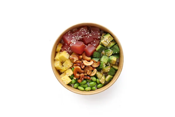 Hawaiian tuna poke bowl with avocado isolated on white background top view fast food healthy eating