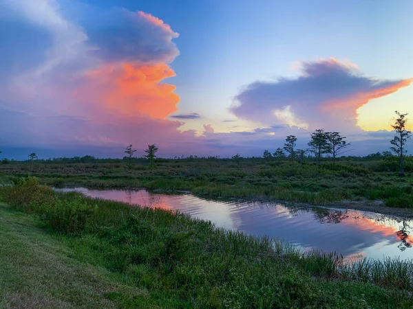 Colorful swamp sunset in Louisiana reflecting on American values.