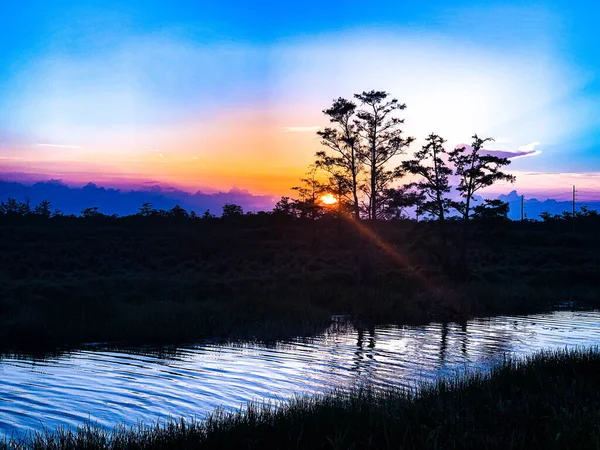 Colorful swamp sunset in Louisiana reflecting on American values.