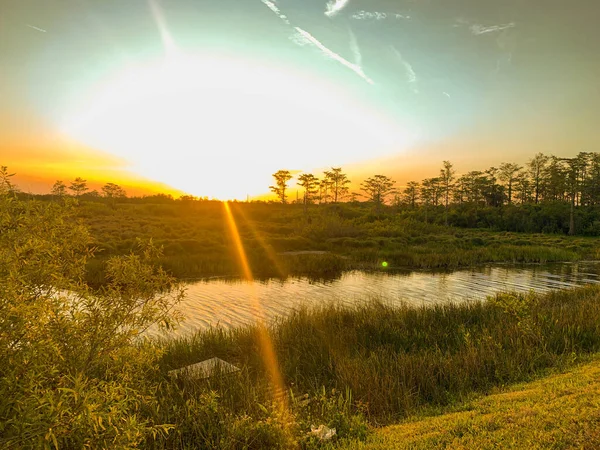 Pôr Sol Pântano Colorido Louisiana Refletindo Sobre Valores Americanos — Fotografia de Stock