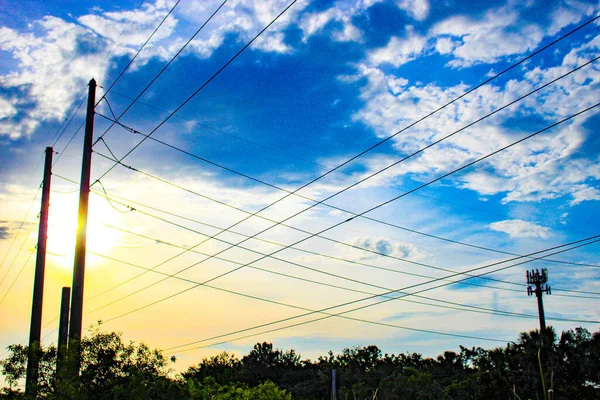 Ciel Bleu Lignes Électriques Aériennes Transformateurs Dans Les Marais — Photo