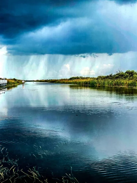 Rain over the swamp water in South Florida