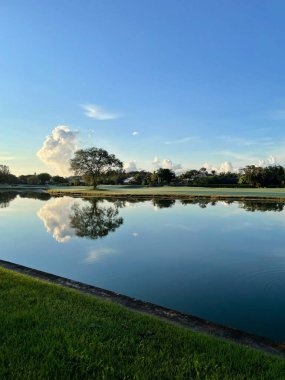 Güzel mavi gökyüzü bataklıktaki drenaj kanallarının suyuna yansıyor.