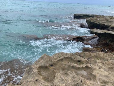 Dalgalar yazın kayalıklara vurur.