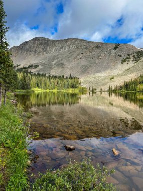 Kristal berrak su ile sakin alp gölü kayalık dağ sırtı, çam ormanı kıyı şeridi, mavi gökyüzü ve bulutların altında yeşil çimen ve taşlar yansıtıyor..