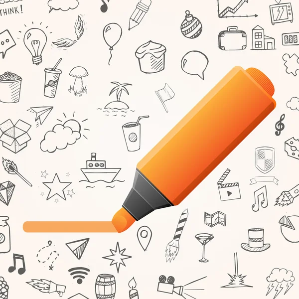 Orangefarbener Marker mit Doodle-Symbolen — Stockvektor