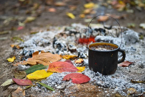 Metallschwarzer rußiger Becher in Großaufnahme mit aufgebrühtem Tee auf der Asche eines Feuers vor dem Hintergrund der Herbstblätter. — Stockfoto