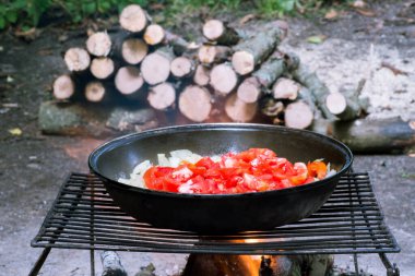 Domates ve soğanlar, doğadaki odunların arka planındaki ızgarada kızartma tavasında kızartılır. Seçici odaklanma. Geçmişi. Yürüyüşte yemek pişirme kavramı..